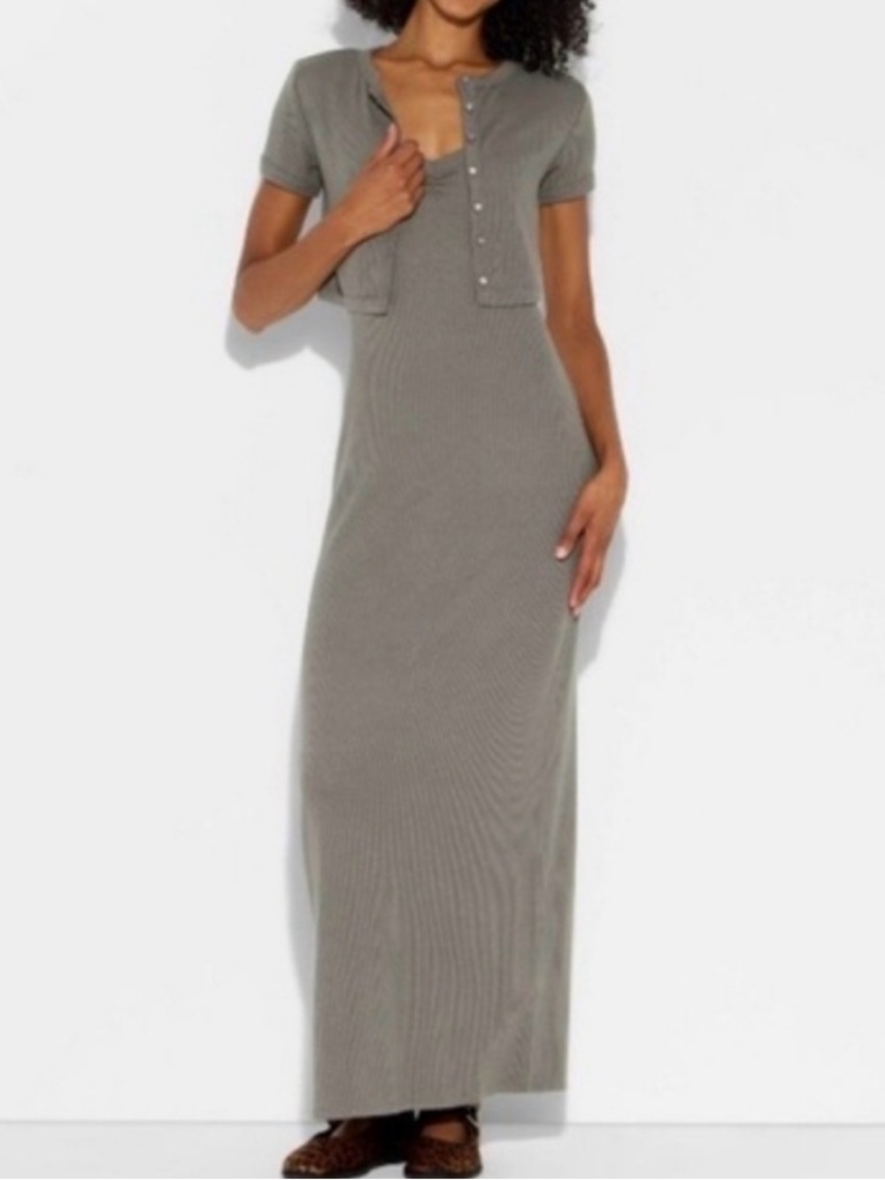 wild fable Olive‑Gray Ribbed Maxi Dress with Cropped Button Cardigan